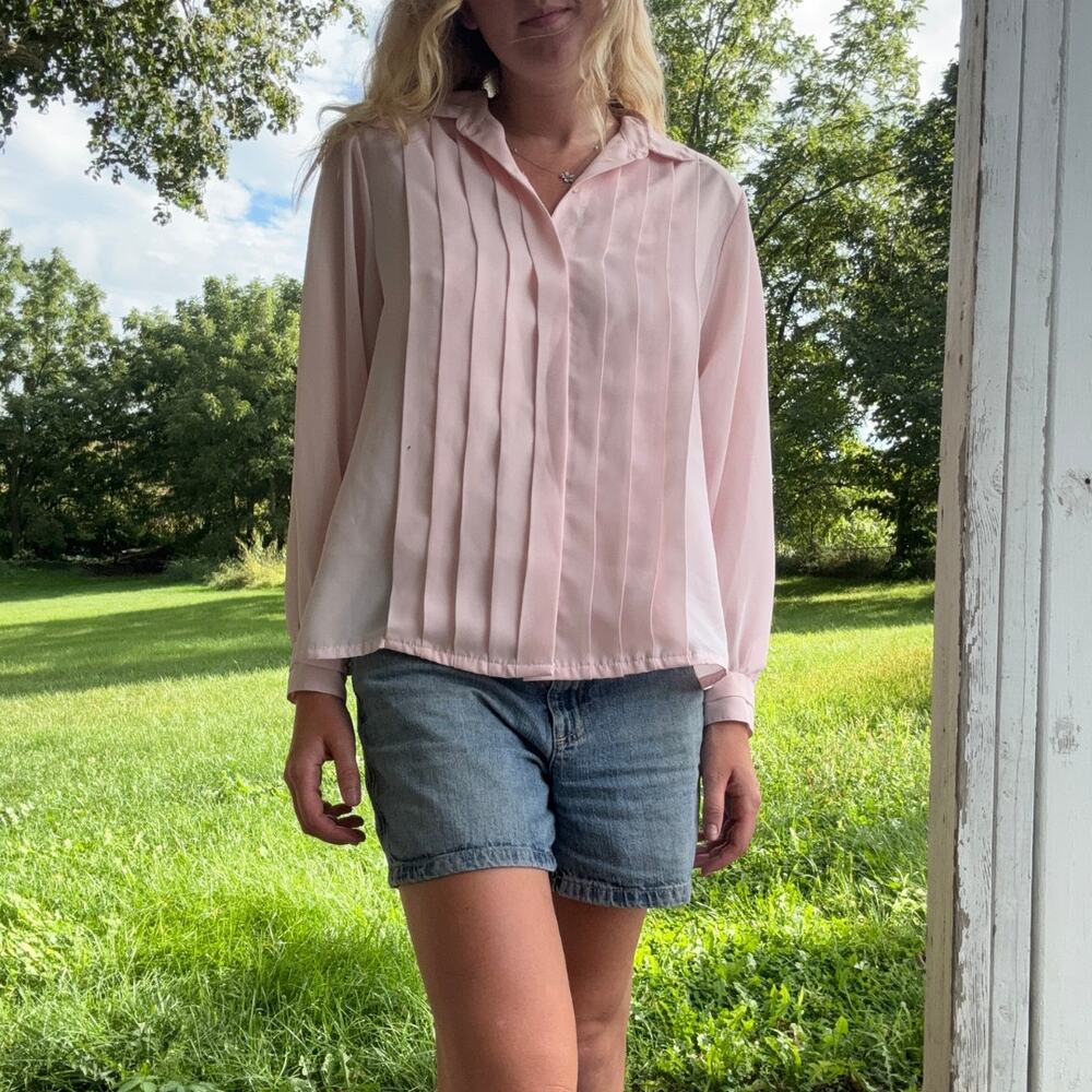 Vintage 80s La Blouse Pastel Pink Pleated Button Down Blouse Size 16